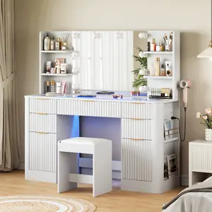 51.8" Inch Groove Makeup Dressing Table with Large LED Mirror 5 Drawers 2 Cabinets Oak Finish Modern Bedroom Vanity Solid Wood Legs vanity  blanco