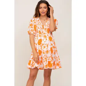 Orange Floral Smocked Puff Sleeve Maternity Dress