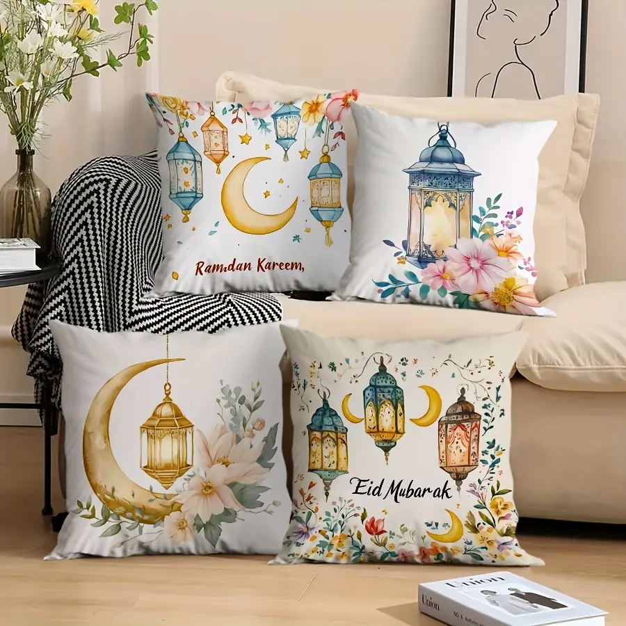 Ramadan Kareem Pillow Case Set 4pcs with Mubarak & Kareem Prints 17.72x17.72 inches Single-sided No Core for Home & Outdoor Decor