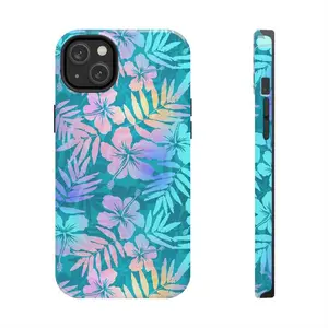Turquoise Blue Tropical Palm Leaf Phone Case with Hawaiian Hibiscus Design, Vibrant Summer Style for iPhone 17 16 15 14 13 12 11
