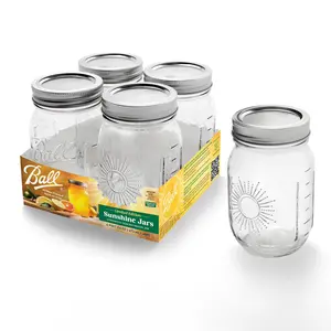 Ball Sunshine Keepsake 16 oz Mason Jars 4pk, Pint Canning Jars with Lids and Rings, Decorative Ball Jars for Home Canning, Jam, Iced Coffee, and Gifting