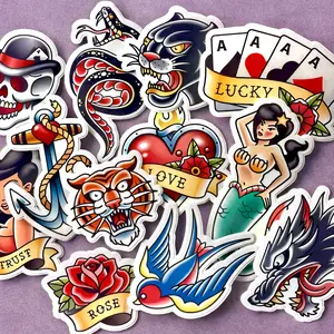 Old School Tattoo Sticker Pack, Traditional Tattoo Flash Sailor Vinyl Stickers 12 Pcs for Laptop Water Bottle Kindle etc.