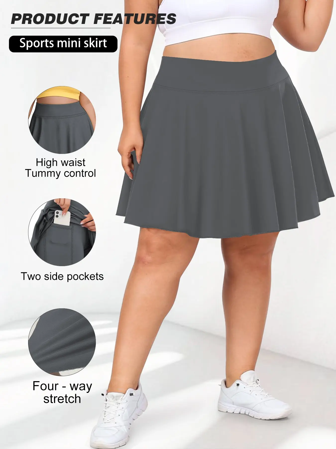Plus Size High Waist Sport Skirt, Side Pockets Anti-Exposure Design, Breathable Quick-Dry Tennis Yoga Skirt, Workout Tennis Skorts, Elastic Waist Slimming Fitness Pants, Stretchy Skorts, Solid Pocket Skorts, Active Skirt, Athletic Skirts