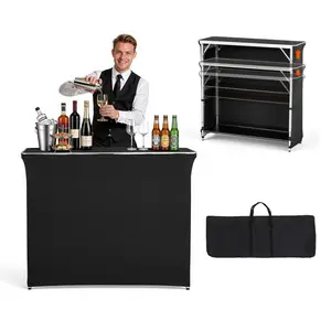VEVOR Folding Portable Bar Table, 43.5 x 15.4 x 39.8 in, with Carry Bag, 2 Storage Shelves, and Detachable Skirt, Quick and Easy Setup, Foldable Mobile Bartending Station for Events, Party, Tradeshow