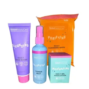 Global Beauty-Cleansing Daily Wash,Moisturizing Daily Gel Face Lotion,Balancing Toner Mist Set- 4pc Skincare Set