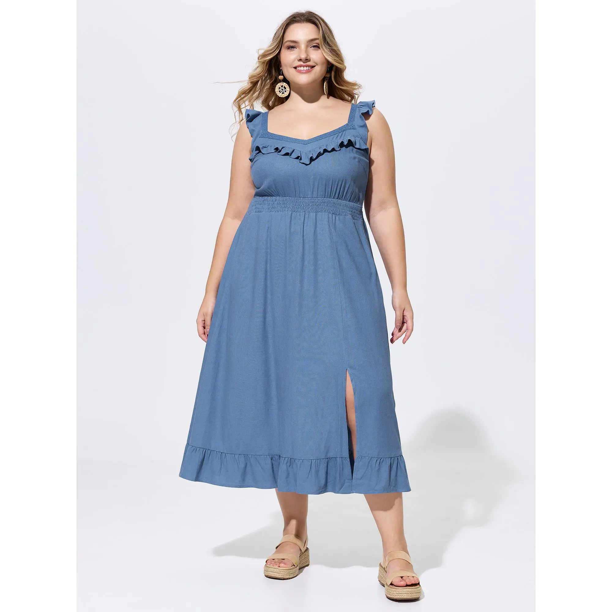 BloomChic Women's Plus Size Casual Linen Blend Fabric Patchwork Garment - Ruffled Lace Neckline Sleeveless Midi Dress with Pocket, Summer Wear, Cap Sleeves, Midi Length, Rayon Linen, Fit, Smooth, Basic, Plus Size Casual Dresses, Low Iron, Curvy Dresses Pl