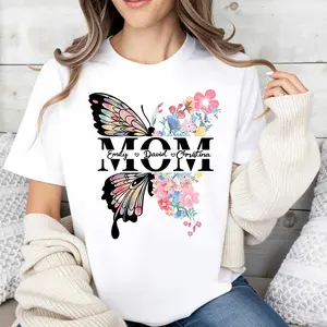Floral Butterfly Design Women's T-Shirt Personalized Mom Name With Children Names Spring Summer Gift For Mother Mother's Day Present