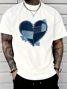 2026 New Trendy Distressed Blue Heart Print T-Shirt for Men - Vintage Denim Patchwork Effect Casual Streetwear Tee, Breathable Short Sleeve Crew Neck Top for Daily Outfit & Hip Hop Style