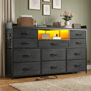 11 Drawers TV Stand Dresser LED Light Charging Station Storage Cabinet with Shelves & Hooks Fits 60 Inch TV Home Furniture