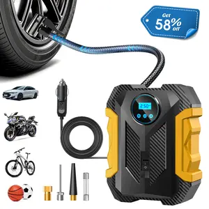 CaRSun Tire Inflator Pump Portable Air Compressor Fully upgraded 22-cylinder pure copper motor, with carbon fiber stripes, rear storage box, and a fuse. Digital pressure gauge, fast inflating pump, suitable for cars, motorcycles, bicycles - Yellow  tires