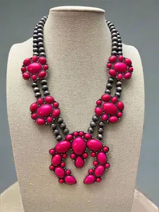 Faux Pink Squash Blossom Necklace on Double Strand Pearls -  18 inch necklace