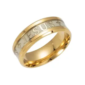 JESUS CROSS STAINLESS STEEL GOLD PLATED SPIRITUAL RING