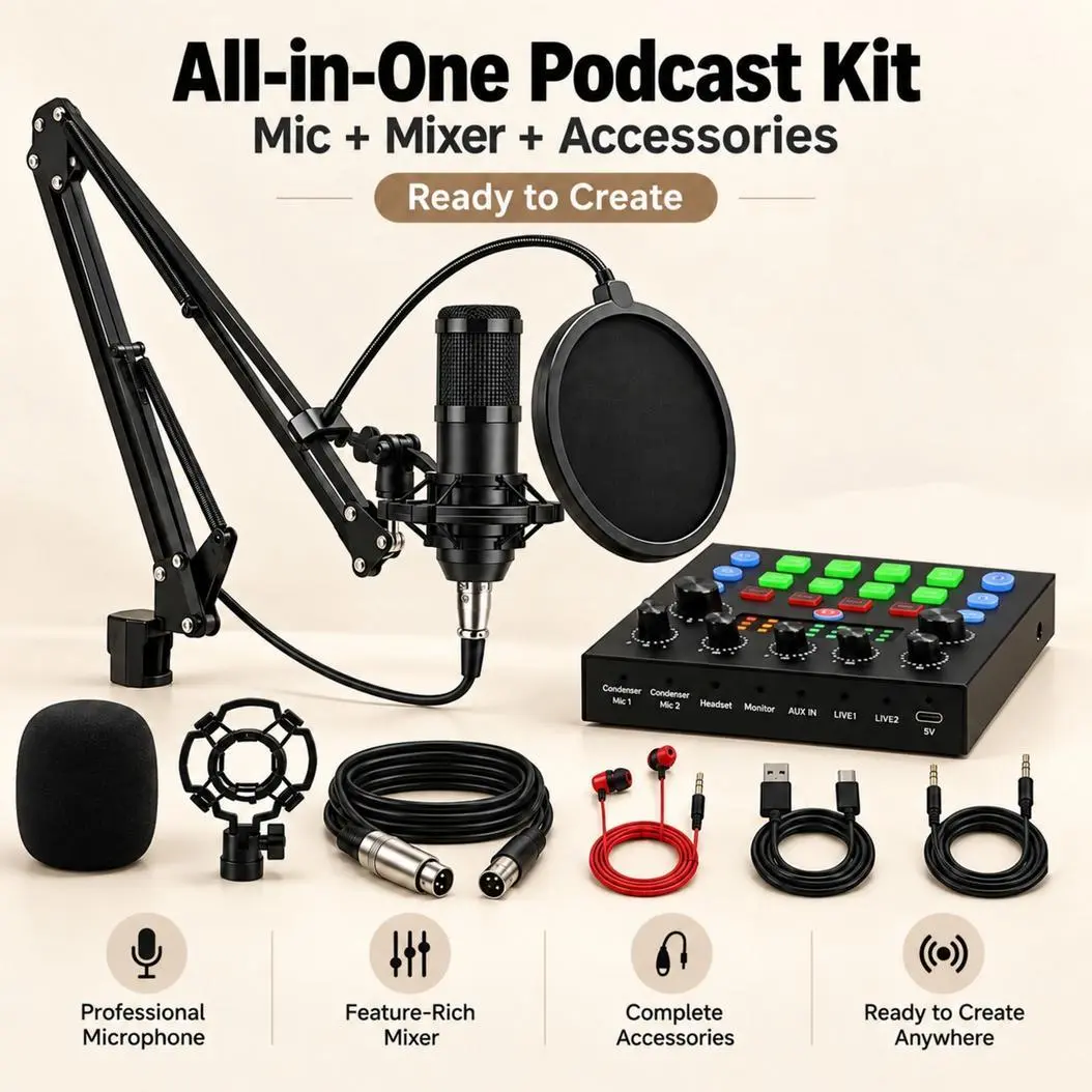 V8S Black Condenser Mic Streaming Kit, with V8S Audio Interface, Pop Filter, Shock Mount and Boom Arm, for PC, Mac, iOS and Android Live Streaming and Podcast Recording
