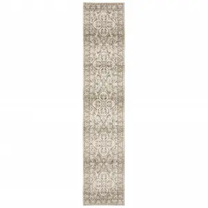 3' X 12' Beige And Ivory Medallion Runner Rug