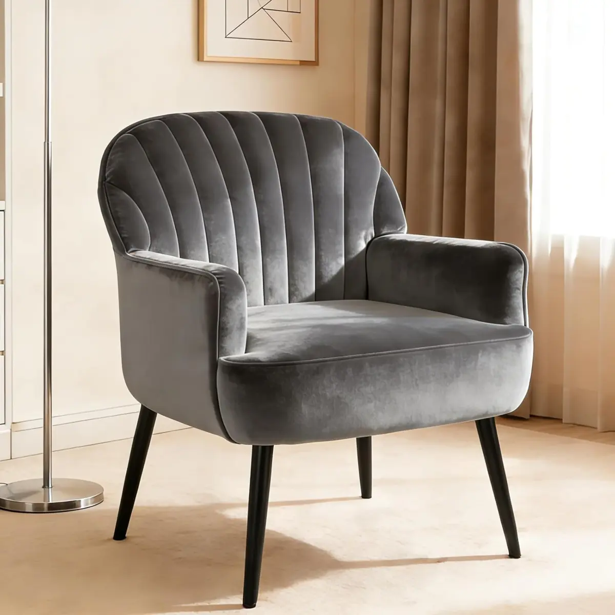 Velvet Accent Chair Modern Upholstered Living Room Chairs, Luxury Single Sofa Armchair with Metal Legs, Comfy Barrel Chairs for Living Room, Waiting Room, Bedroom, Office and Cafe, Grey