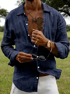 Men's Spring Linen Long Sleeve Shirt, Loose-Fit Open Front Collar Design, Pure Color Thin Fabric, Casual Fashion Top