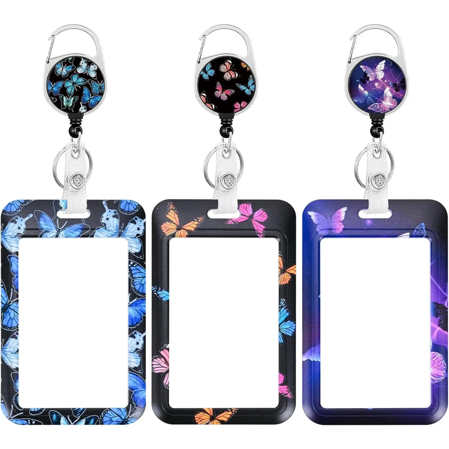 3 Pack Heavy Duty Badge Holder with Retractable Reel, ID Name Tag Worker Badge Carabiner Clip Vertical Card Protector Cover Case for Key Office  Nurse Teacher Women (3 PCS Butterfly)