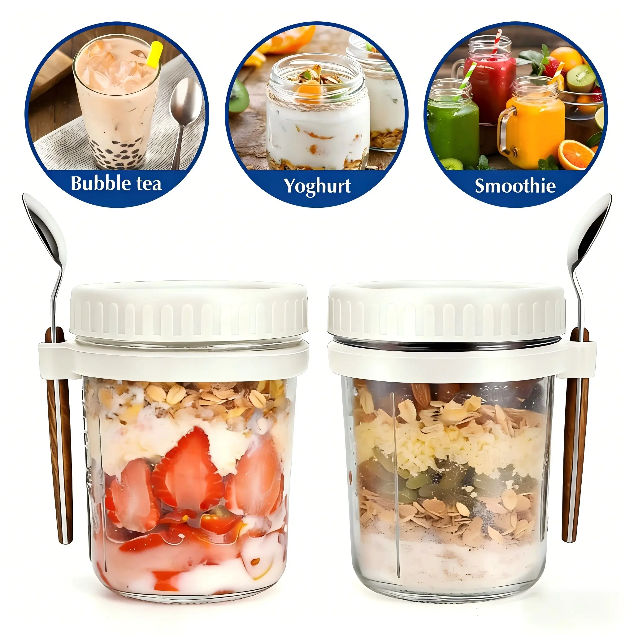 Overnight Oatmeal Jar with Spoon and Lid, 16oz (2 Pack), Sealed Glass Container, Portable Grain Food Jar, Detachable Dividers, Overnight Oats Containers