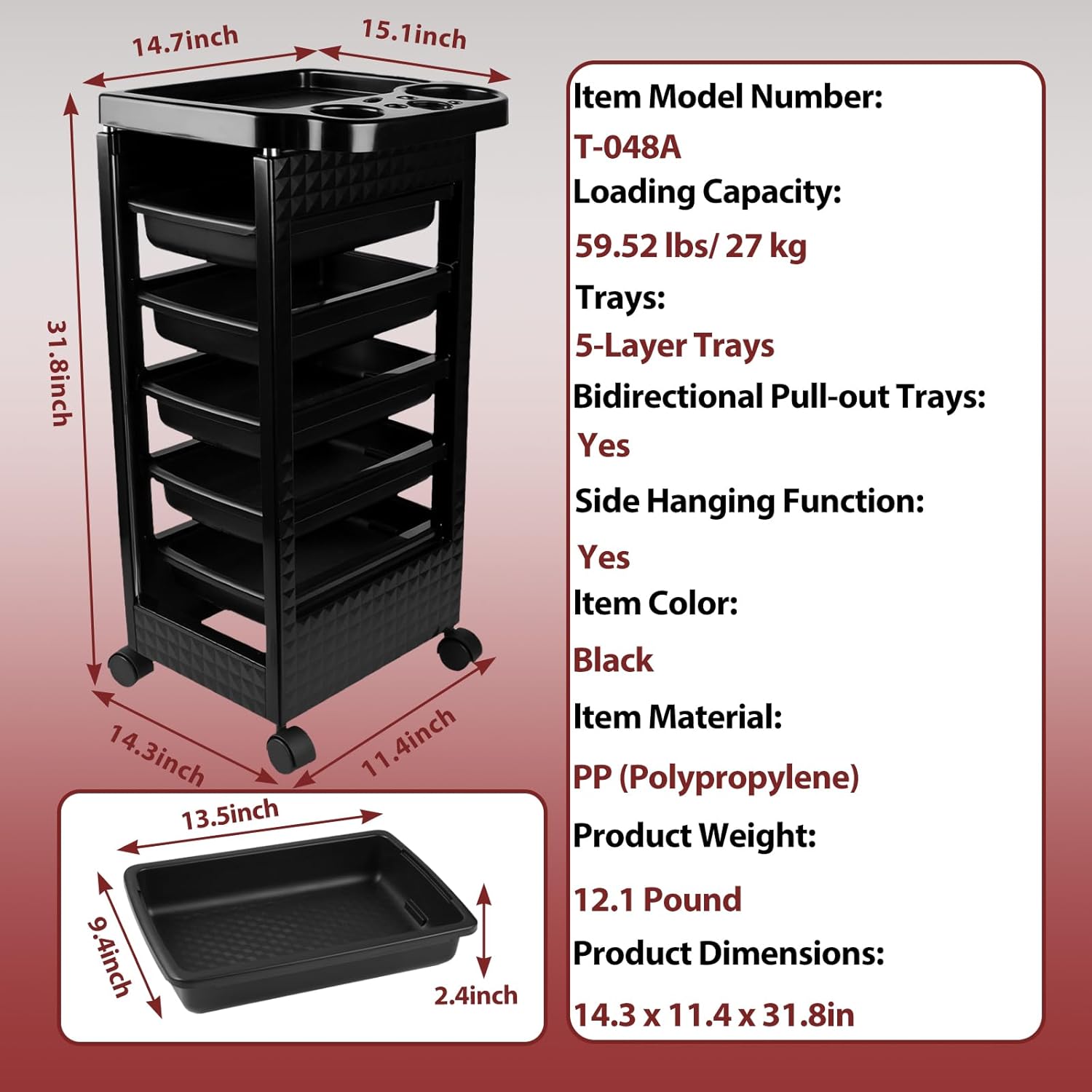 5-Tier Rolling Plastic Salon Organizer Cart - Heat-Resistant PP, Expandable Racks, Hair Dryer Holder, Bidirectional Pull-Out Trays, 360° Silent Wheels, Matte Black, for Barbers & Home Makeup Vanity (Makeup Products Storage, Rolling Cart Organization), Dia