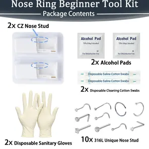 18 PCS Nose Stud Set, Includes a Complete Set of Beginner Tools, 316L Stainless Steel Zircon Nose Ring