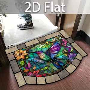 2D Flat Patchwork Colorful Glass Hummingbird Print Decorative Rug, Non-Slip Irregular Door Mat, Suitable for Entrance Hall Balcony Garage Corridor