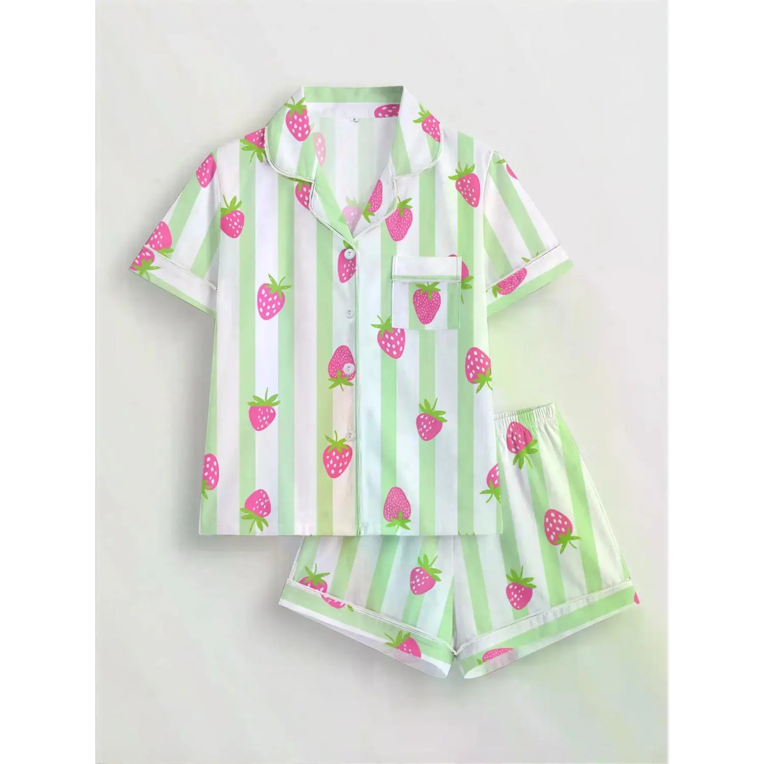 Ladies' Strawberry Striped 2-Piece Pajama Set – Short Sleeve Button-Up Shirt with Turn-Down Collar, All-Season Cozy Sleepwear for Home and Outdoor Lounging