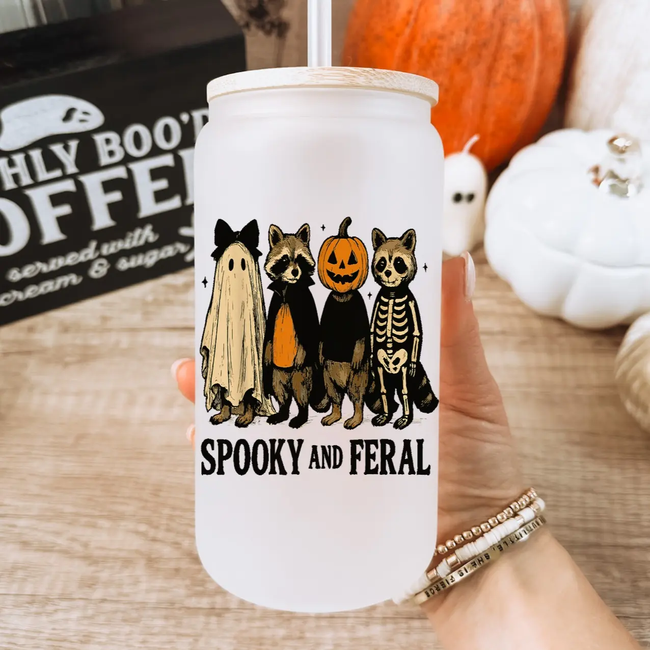 Spooky and Feral Racoon Glass Cup With lid and Straw, Halloween Spooky 16oz Frosted Glass Tumbler with Bamboo Lid, Spooky Season Ghost Drinkware Plastic Straw
