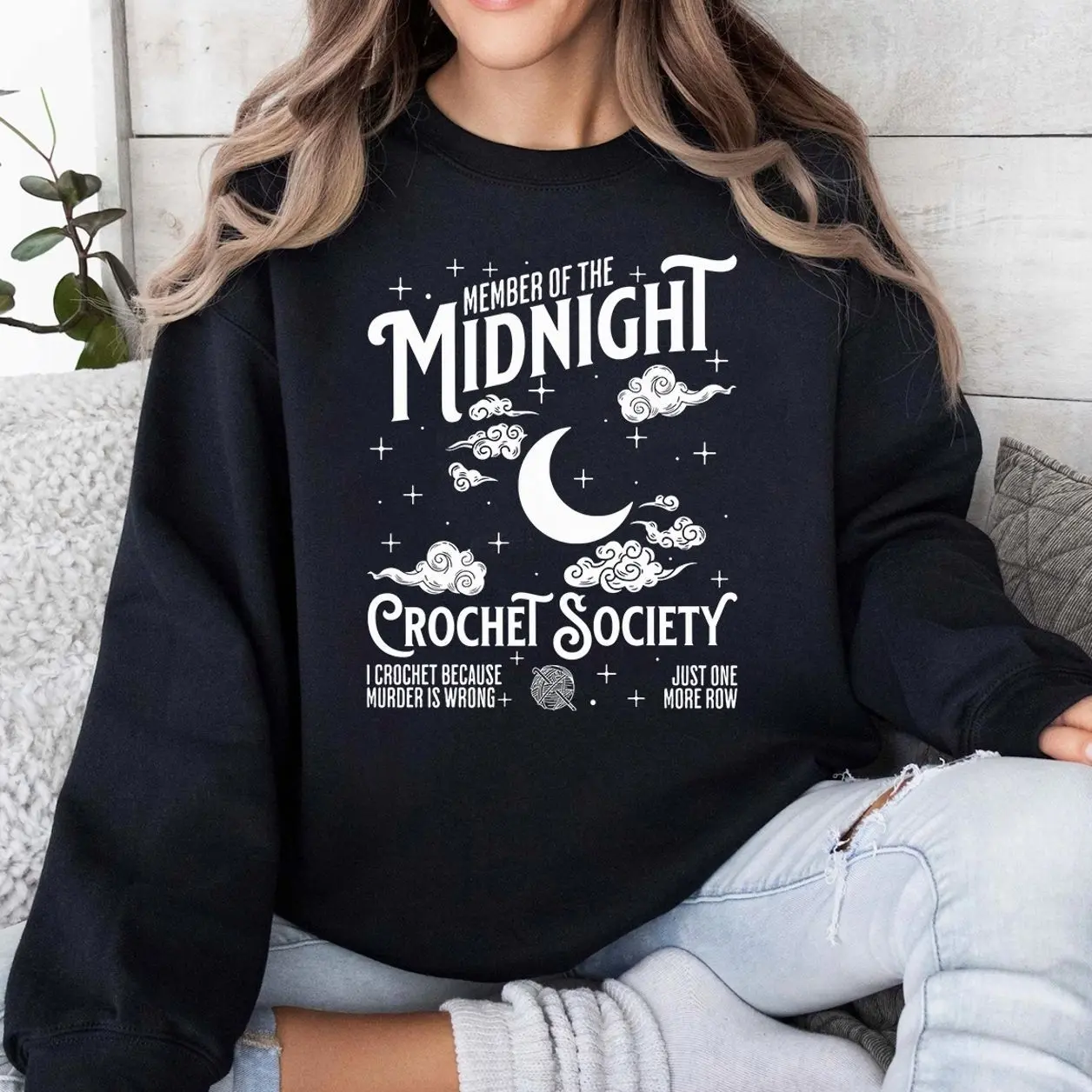 Member Of The Midnight Crochet Society Sweatshirt Gothic Cute Yarn Graphic Crewneck Cozy Craft Lover Pullover Oversized Style Gift for Crocheters Trendy Fashion