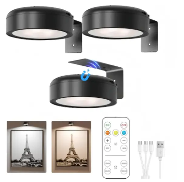 3-Pack 2000mAh Magnetic Wireless Rechargeable Dimmable Adjustable RGB LED Dimmable Picture Lights - Wall Decor, Aesthetic Room Decor, Apartment Accessories (Ideal for Gallery Walls), Led Lights Bedroom, Bedroom Decor, Home Decor