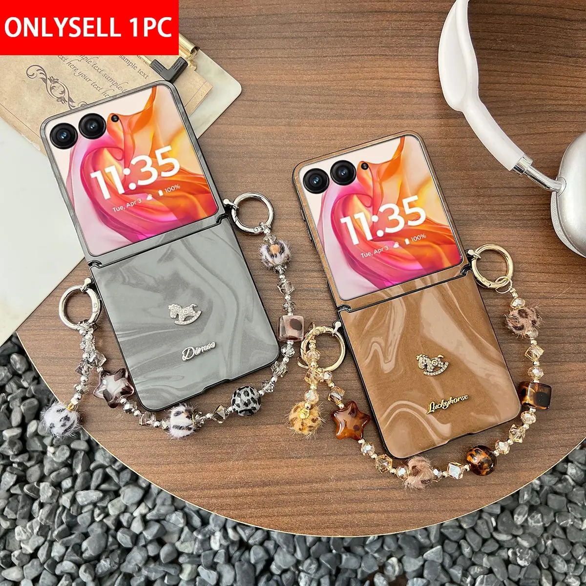 PU leather water ripple pattern with rhinestone carousel protective smartphone casing Cover, mobile accessory, Cellphone, comes with a bracelet, hard PC back plate protects phone, compatible with Motorola Razr 2024, Razr 50, Razr 50 Ultra, Razr 60 Ultra
