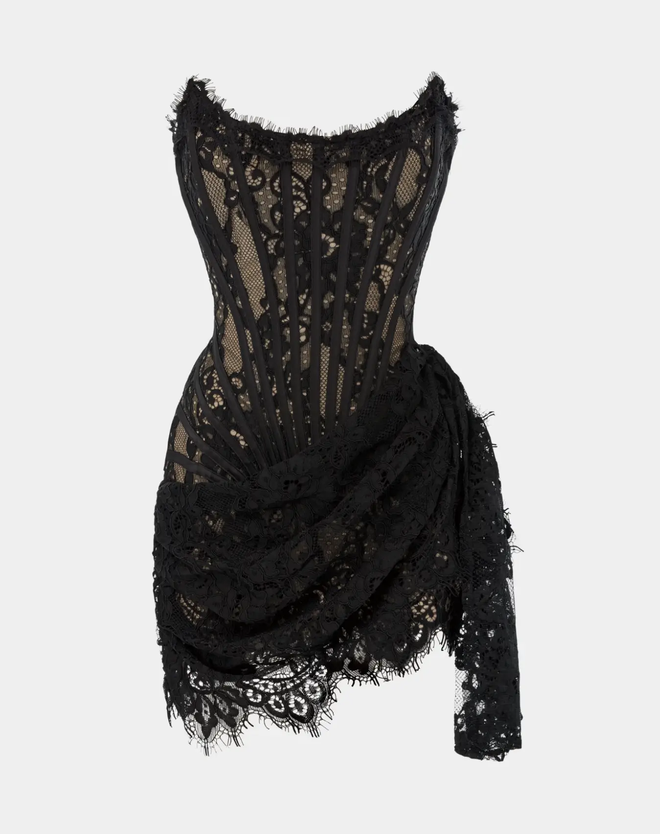"Jackie" Corset Lace Draped Dress - Black