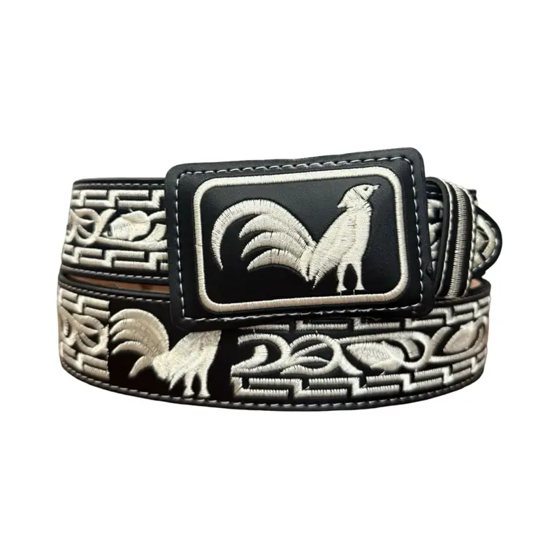 Black Western Style Embroidered Rooster Leather Belt Cinto Negro Bordado Vaquero con Gallo de Piel