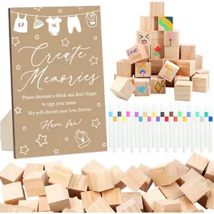 97 Pcs Baby Shower Games Sign Kit Includes 72 DIY Blank Wooden Block 24 Pens Decorate a Block Game Sign for Baby Shower Gender Reveal Party