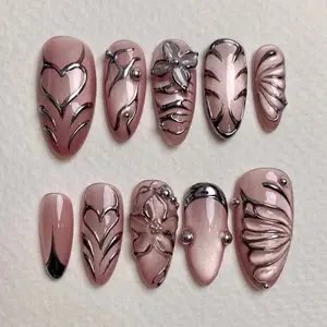 DustHeart Chrome Flower Press On Nails, Pink Metallic Fake Nails with Gothic Accent
