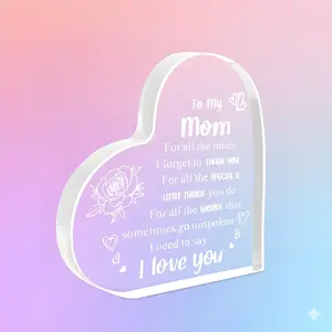 Heart Shaped Acrylic Block for Moms - I Love You Cute Mum Plaque for Thanksgiving, Birthday, Christmas Gift from Daughter Son