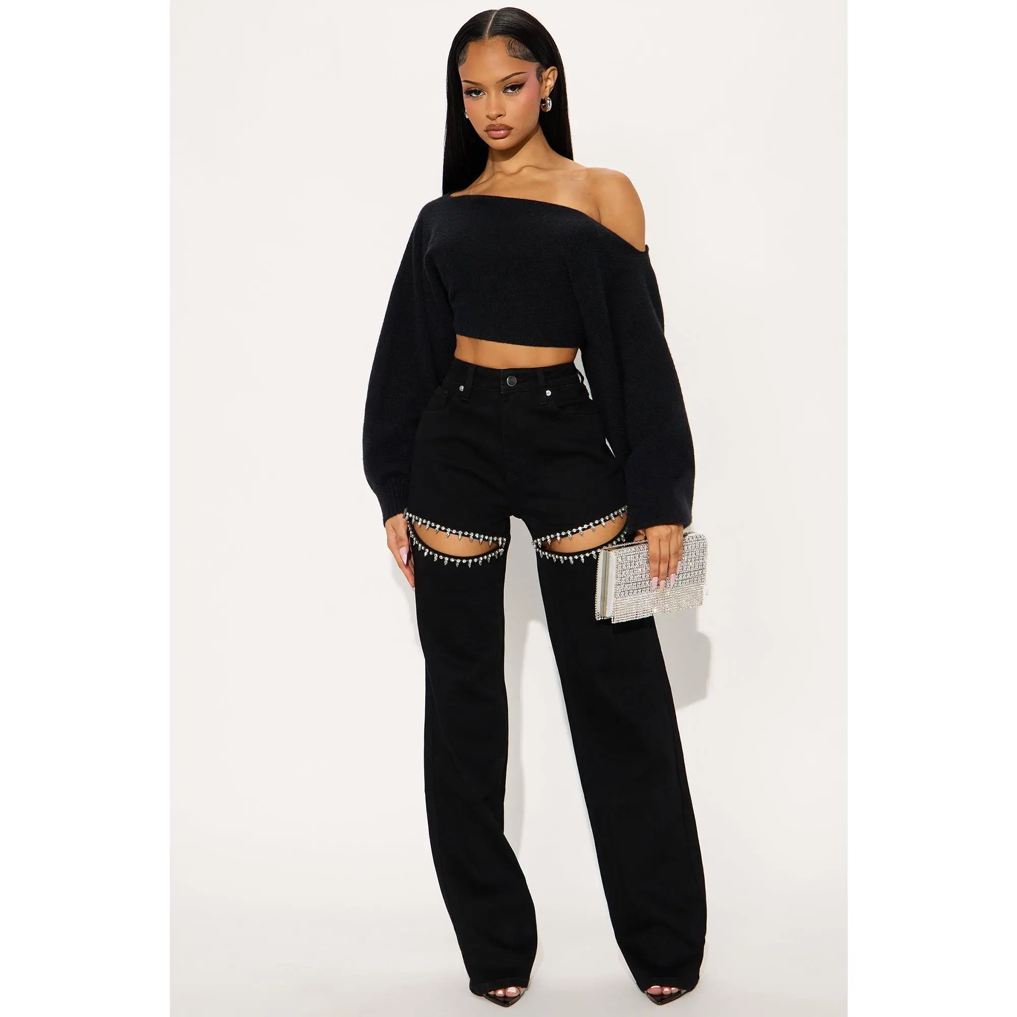 Tall You Belong With Me Stretch Embellished Straight Leg Jeans - Black