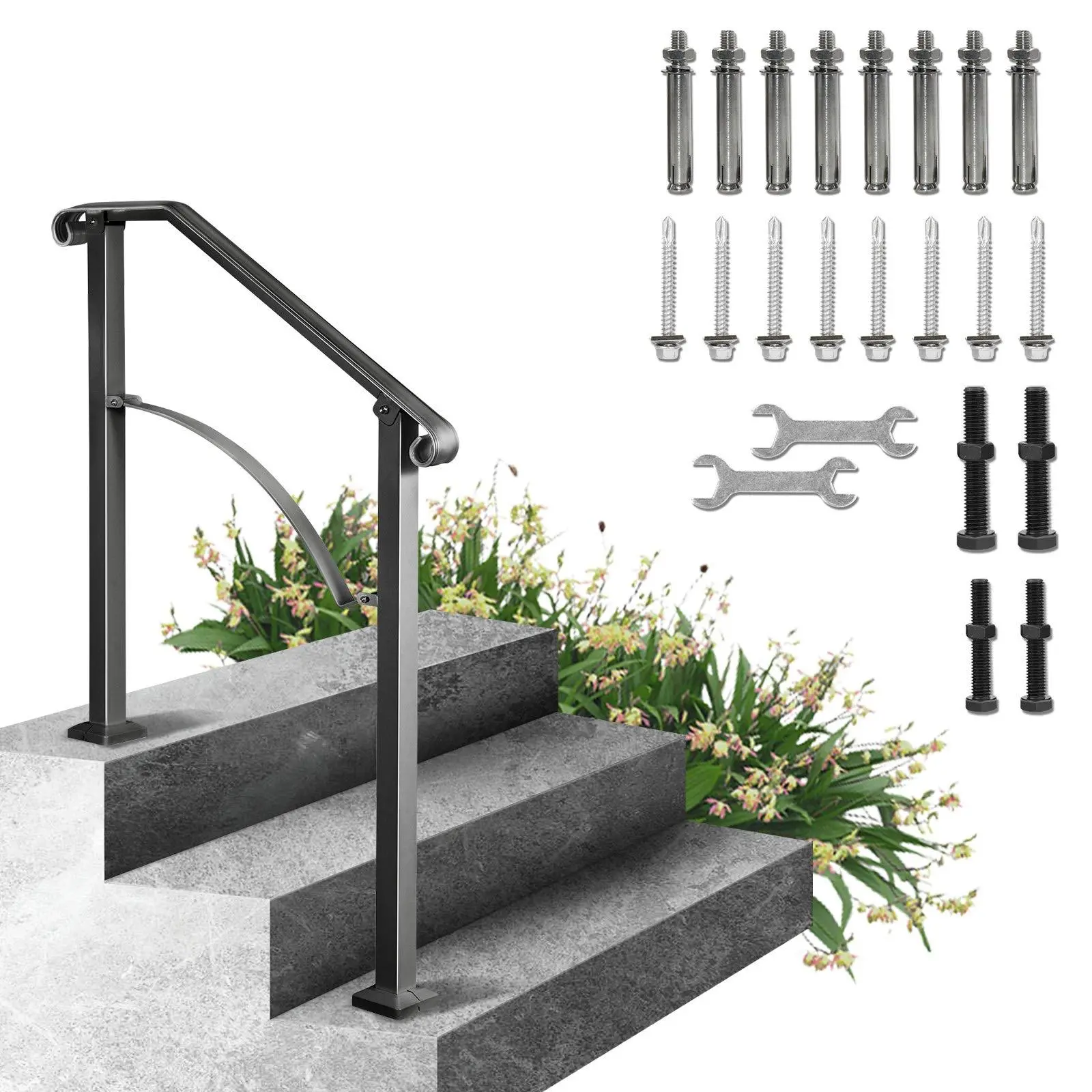 Arch#2 Wrought Iron Outdoor Handrail – Flexible 2-3 Step Stair Railing, Black Transitional Design for Concrete or Wooden Porch Steps