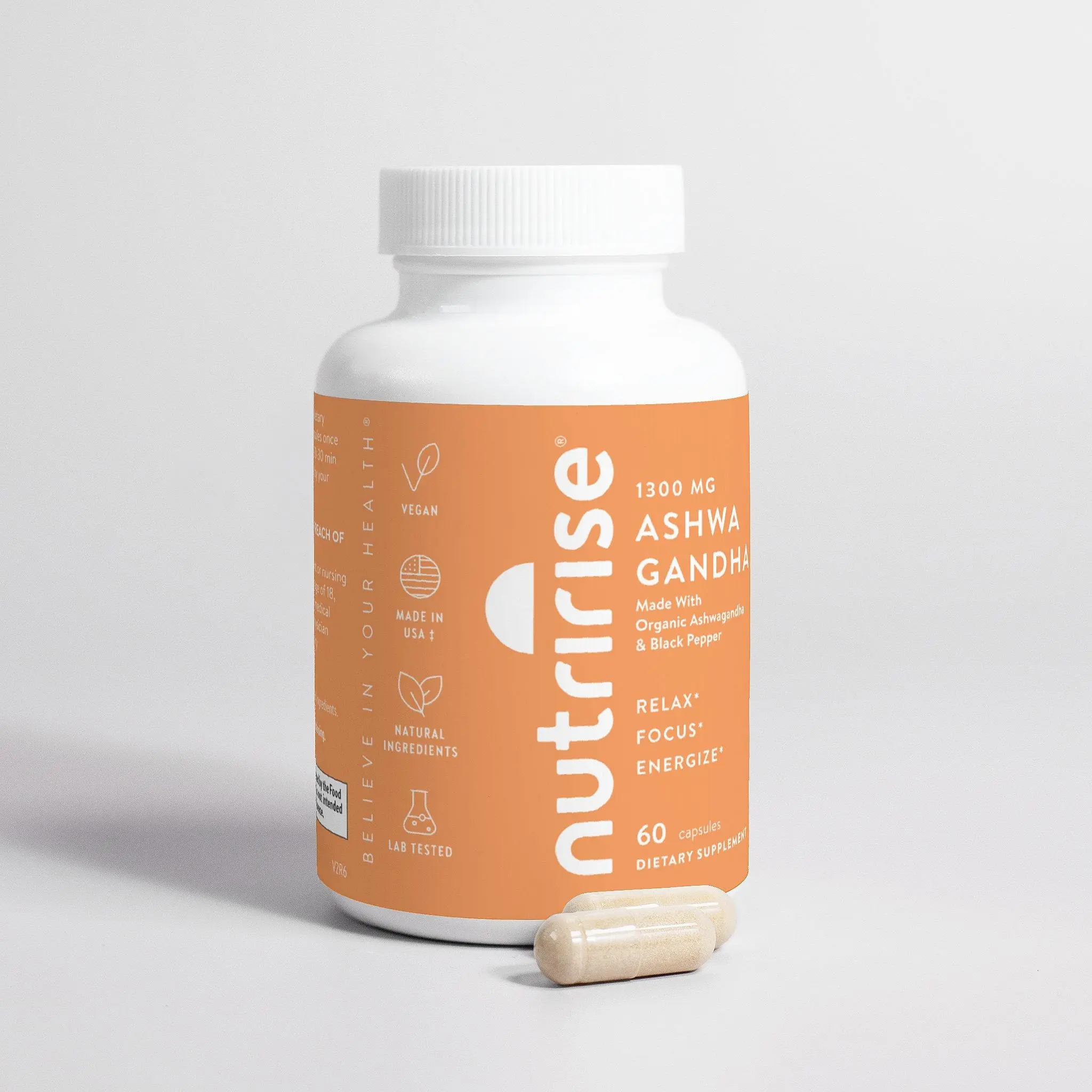 NutriRise Ashwagandha Root 1300MG 60 Caps - Organic Supplement with Black Pepper Extract for Mood Boost & Stress Relief