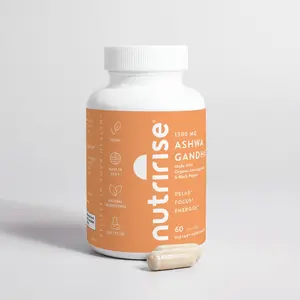 NutriRise Ashwagandha Root 1300MG 60 Caps - Organic Supplement with Black Pepper Extract for Mood Boost & Stress Relief
