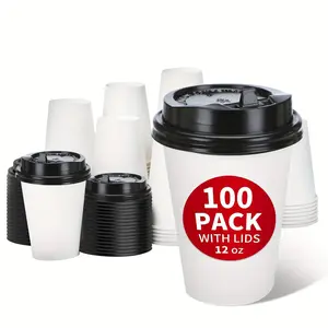 100-Pack 12oz Leak-Proof Disposable Coffee Cups with Lids - Thermal Paper Cups for Hot Chocolate, Coffee, Tea, Travel & Bar Use - Hand Wash Only, Coffee Travel Cups, Bar Accessories, Transparent Design, Thermal Insulation