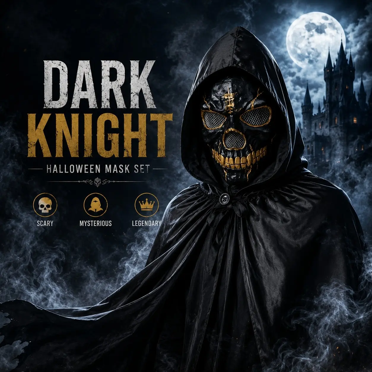 Dark Knight Skull Mask Skeleton Mask Set Realistic Masks for Halloween, Hooded Cloak Cosplay Costume with Gothic Horror Style for Adults