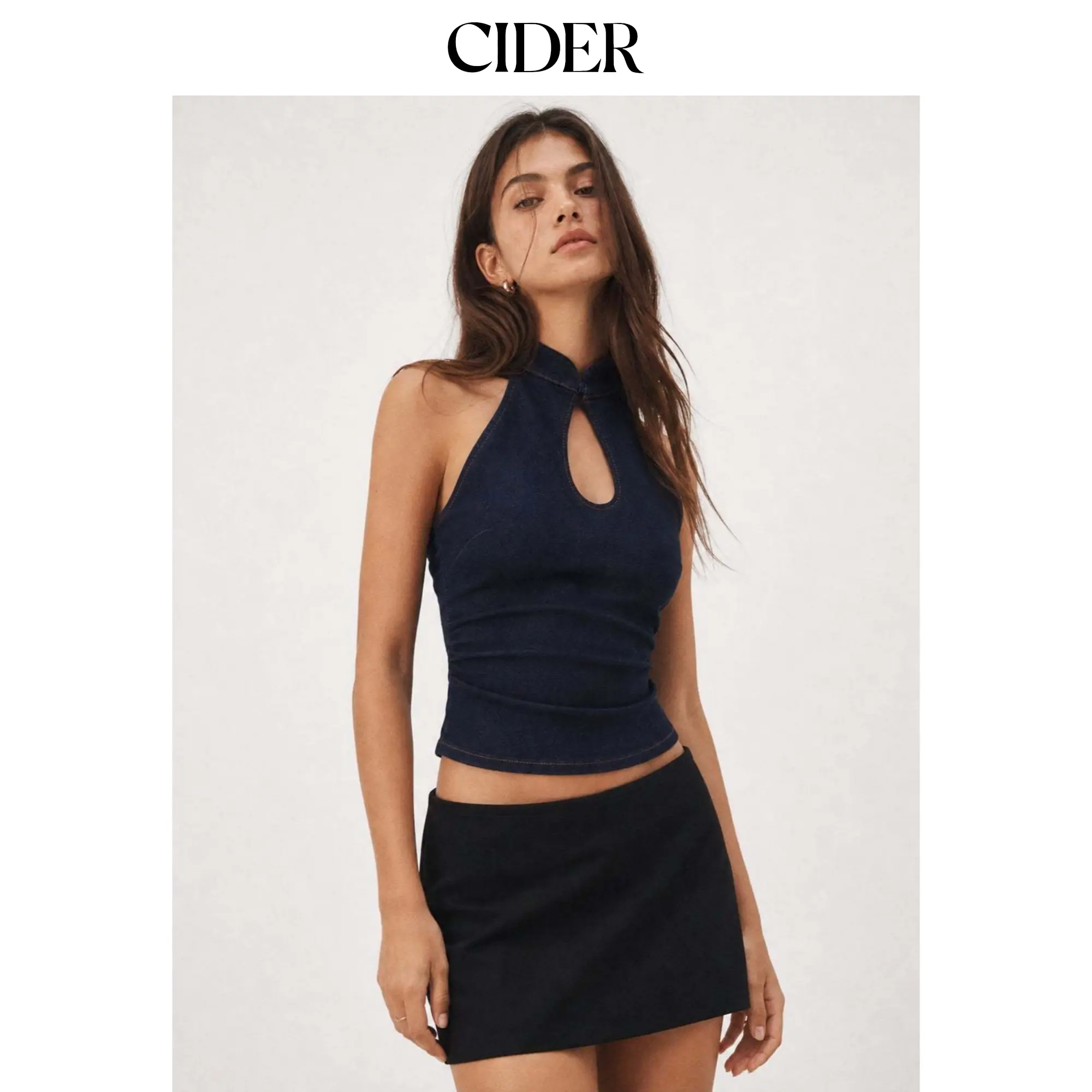 Cider Stretch Denim Stand Collar Cut Out Ruched Halter Tank Top, Casual, Collared, Short, Sleeveless, Basic, Knot, Ruched Twist