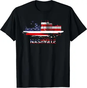 100% Cotton Top USA American Flag Cityscape - Nashville Tennessee Skyline T-Shirt