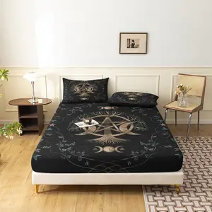 3pcs Goddess Tree Printing Fitted Sheet Set, Dark Boho Pagan Symbol Pillowcase Bedding, Four-season Luxury Printed Bedding Set for Home or Dorm Bed Sets(1 Fitted Sheet+2 Pillowcases,No Pillow) Decorative Bedsheet Sets