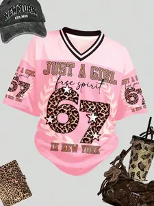 American Vintage New York 67 Leopard Print Jersey Top, /mint, Loose-Fit V-Neck, Y2K Style, Unlined, No Button, No Zipper, Fashion
