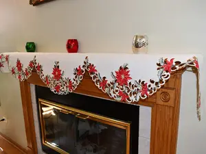 Christmas Red Poinsettia Mantel Scarf - Festive Home Decor