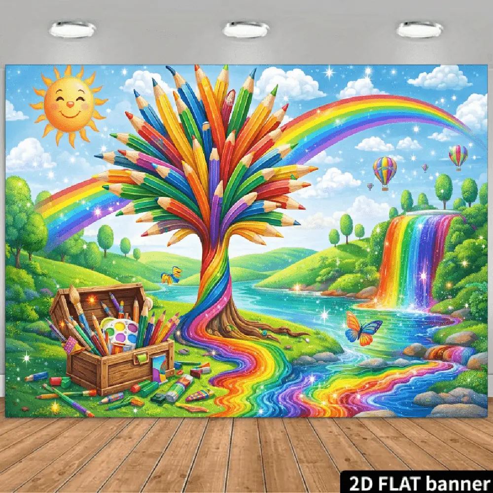 2D Flat Polyester Photography Backdrop - Decorative Festive Backdrops & Banners, HD Digitally Printed Soft Lightweight Foldable Cloth, Vibrant Rainbow Landscape with Pencil Tree & Waterfall, Indoor All Seasons Creative Photoshoots, Birthday Events Use