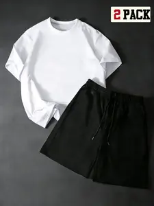 Summer Casual Two-Piece Set Outfit, Solid Color T-Shirt & Drawstring Shorts, Versatile Basic, Loose Fit, Short Sleeve, Regular Length