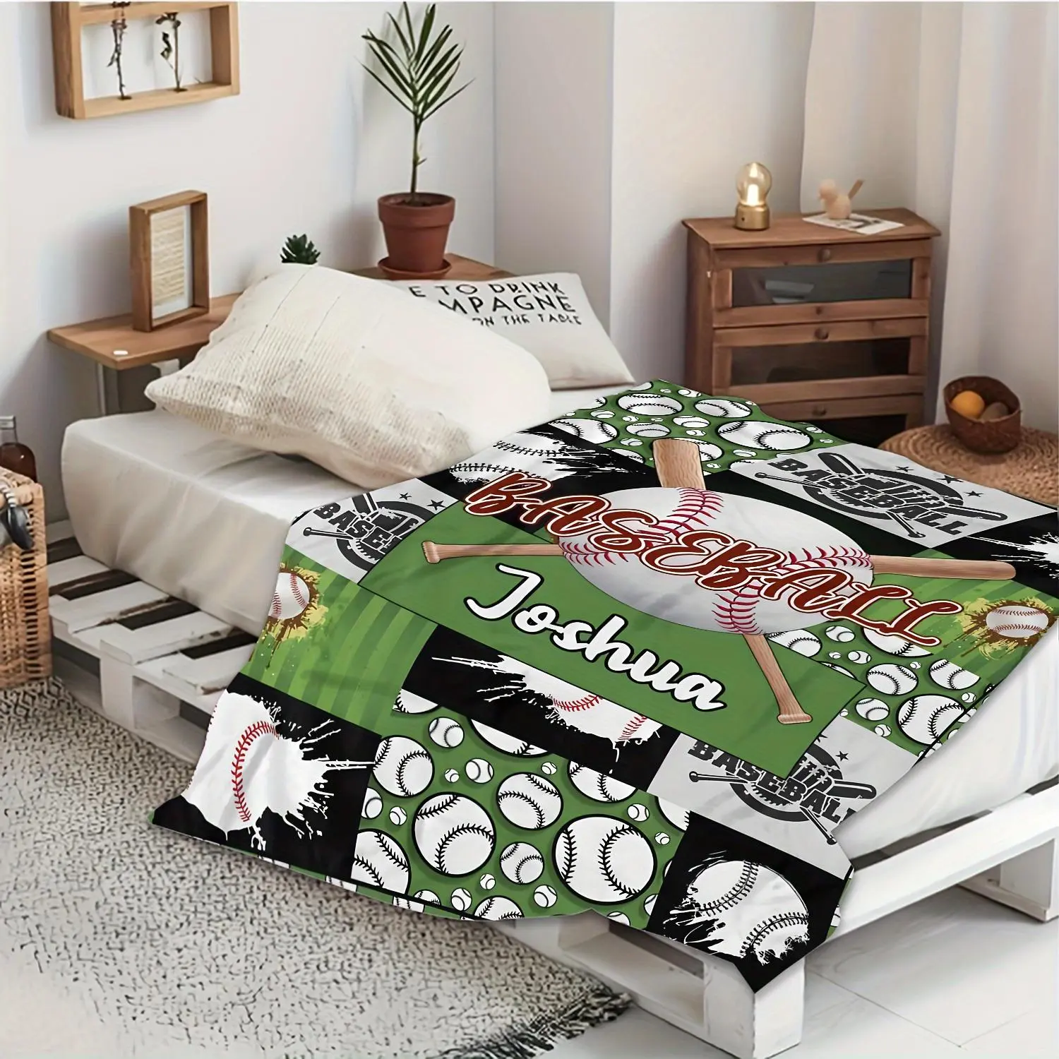 Custom Name Baseball Patchwork Print 100% Polyester Flannel Throw Blanket - Personalized Ultra HD Digital Print Soft Fleece, Lodge Style, 200-250g Lightweight, All Seasons Cozy for Grandparents - Sizes 152Cm×127Cm（50X60in）),178Cm×137Cm（54X70in）)