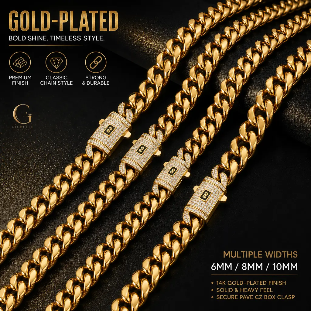 Gildelle 14K Real Gold-Plated or Silver-Tone Stainless Steel Miami Cuban Link Chain Necklace, 6mm 8mm 10mm, Micro-Pavé CZ Box Clasp, Hip Hop Jewelry for Men and Women